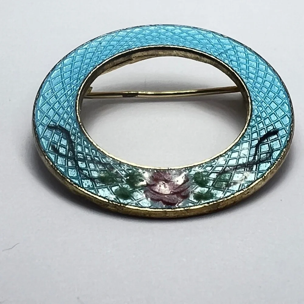 Vintage Guilloché‎ Blue Pink Rose Circle Pin Midcentury Grandma Love Gratitude